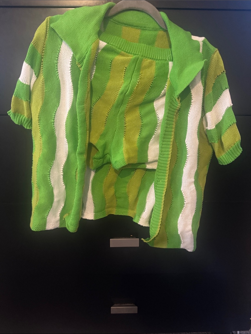 SHEIN Green & White Wave Stripe Knit Top and Cardigan Set